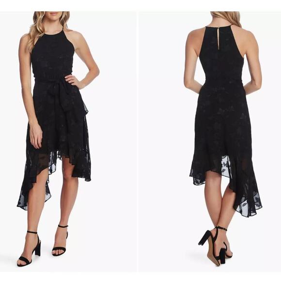 CeCe Tonal Floral Asymmetrical Hem Dress Sleeveless In Rich Black Size 10 NWOT - Picture 1 of 12